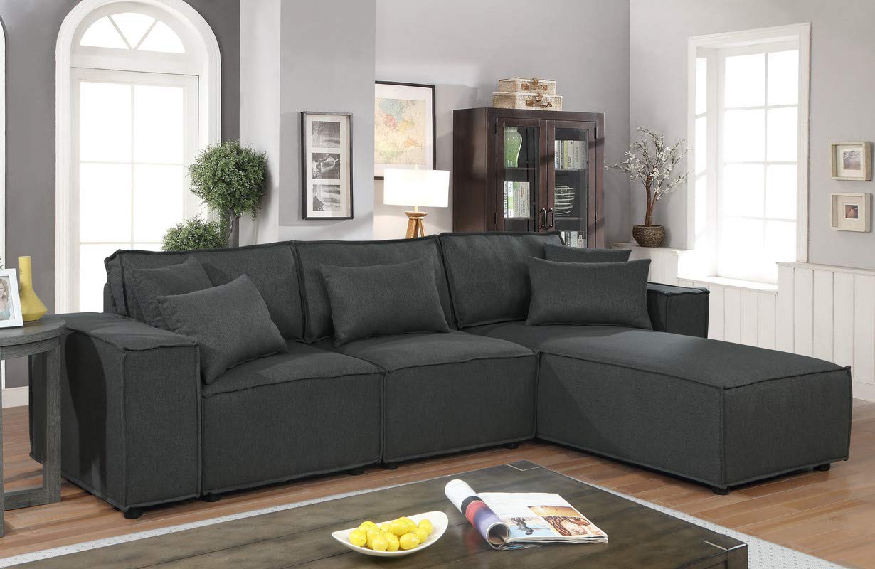 Lilola Home Harvey Sofa with Reversible Chaise in Dark Gray Linen